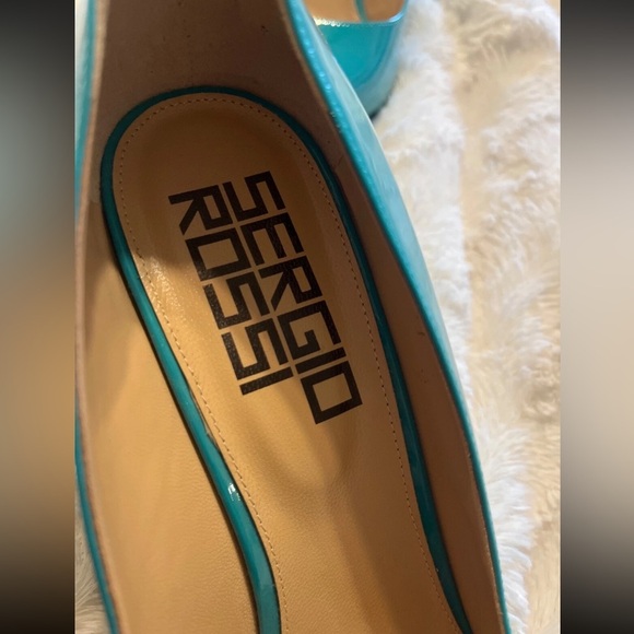 Sergio Rossi Chunky Block Heel Turquoise Patent Leather Pointed Toe Pumps 10 NEW - Picture 9 of 9